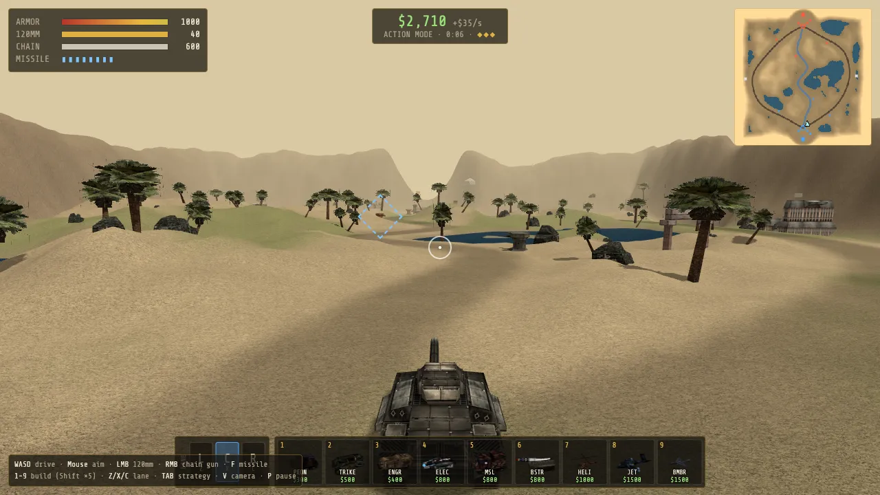Golgotha: the supertank in a desert valley with palm trees, an oasis and a distant base
